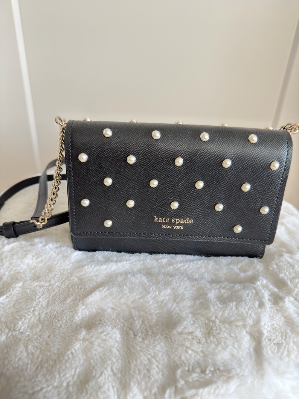 kate spade black pearl-studded crossbody with gold chain
